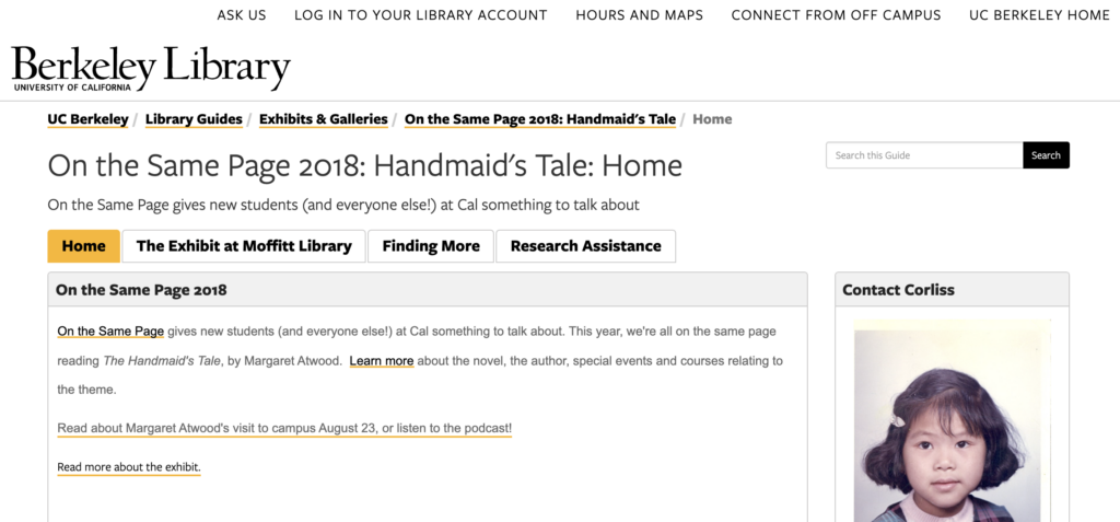 Screenshot of library guide for Handmaid's Tale