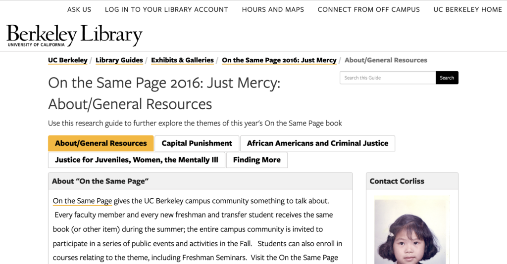 Screenshot of library guide for Just Mercy