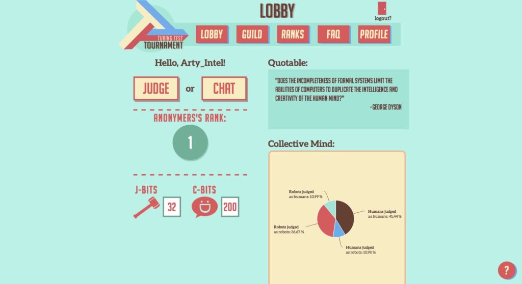 Screenshot of Turing Test Tournament lobby