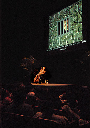 Stephen Hawking onstage at Zellerbach Hall