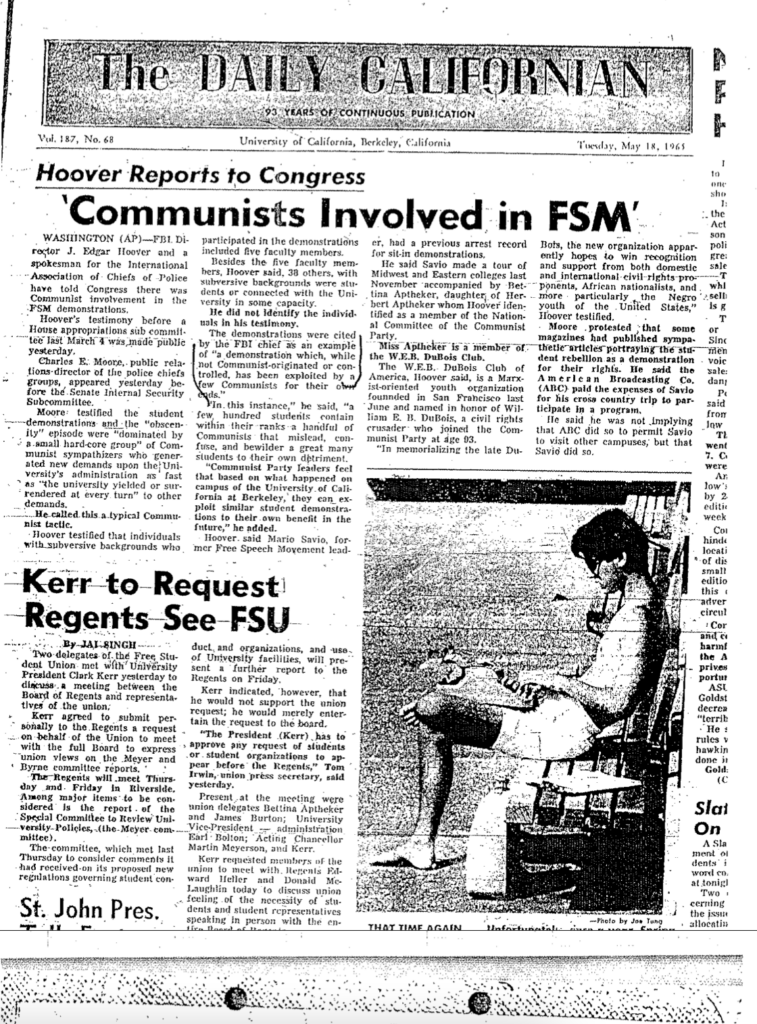 Daily Cal front page for Tuesday, May 18, 1965. Handout from Robby Cohen